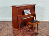 Miniature Upright Piano with Bench Seat Wood Instrument 1:12 Scale Dollhouse Walnut Finish - Miniature Crush