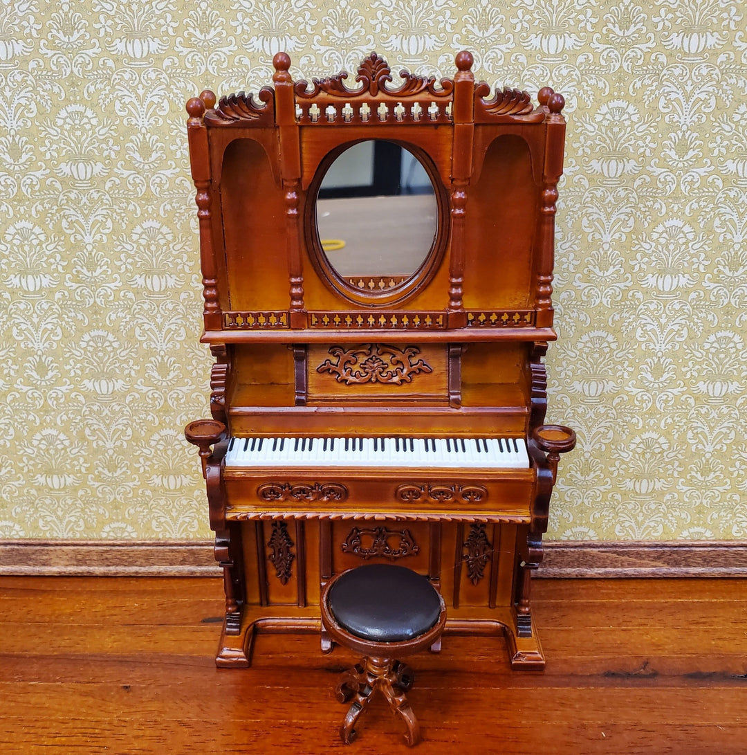 Miniature Upright Pump Organ Piano with Stool Walnut Finish 1:12 Scale Dollhouse Furniture - Miniature Crush
