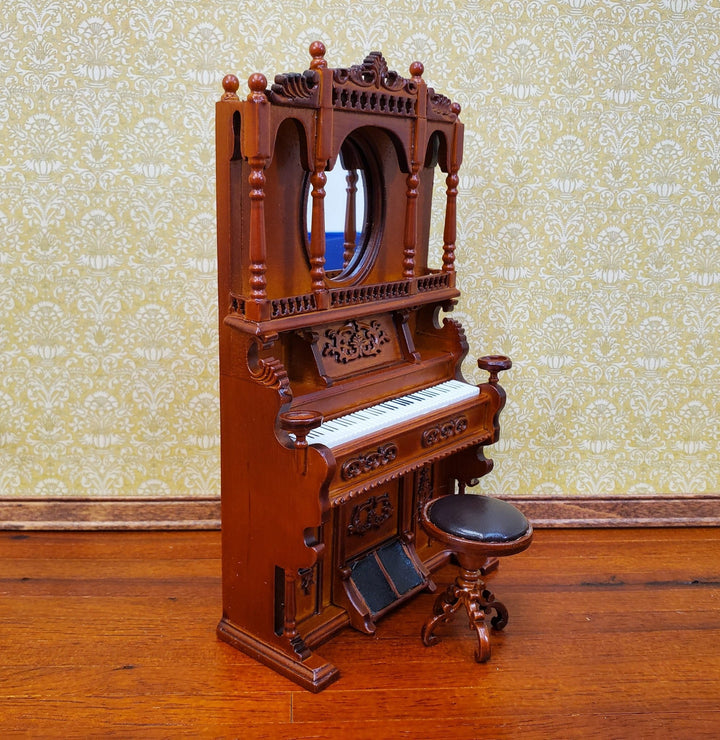 Miniature Upright Pump Organ Piano with Stool Walnut Finish 1:12 Scale Dollhouse Furniture - Miniature Crush