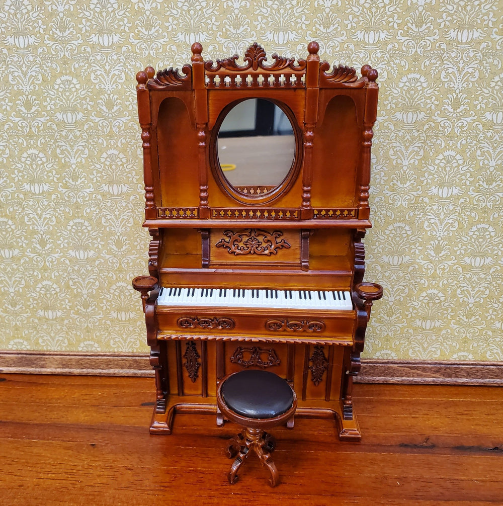 Miniature Upright Pump Organ Piano with Stool Walnut Finish 1:12 Scale Dollhouse Furniture - Miniature Crush