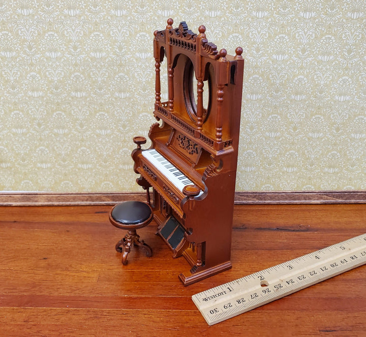 Miniature Upright Pump Organ Piano with Stool Walnut Finish 1:12 Scale Dollhouse Furniture - Miniature Crush