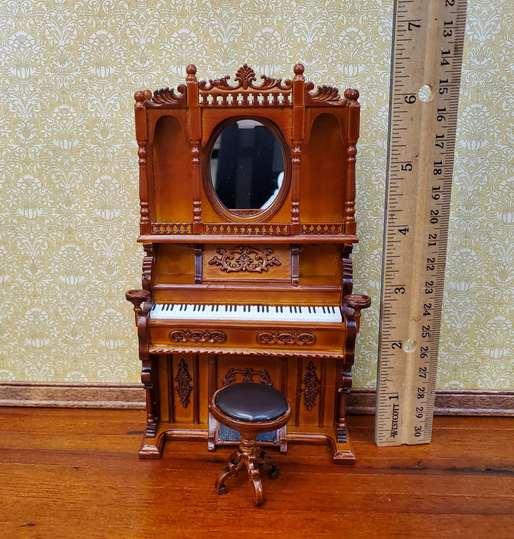 Miniature Upright Pump Organ Piano with Stool Walnut Finish 1:12 Scale Dollhouse Furniture - Miniature Crush