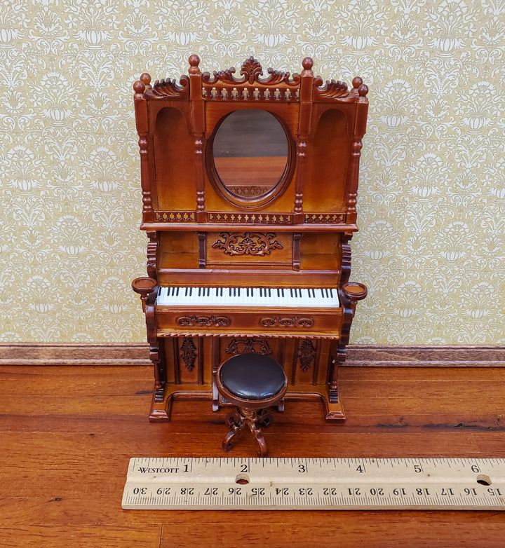 Miniature Upright Pump Organ Piano with Stool Walnut Finish 1:12 Scale Dollhouse Furniture - Miniature Crush