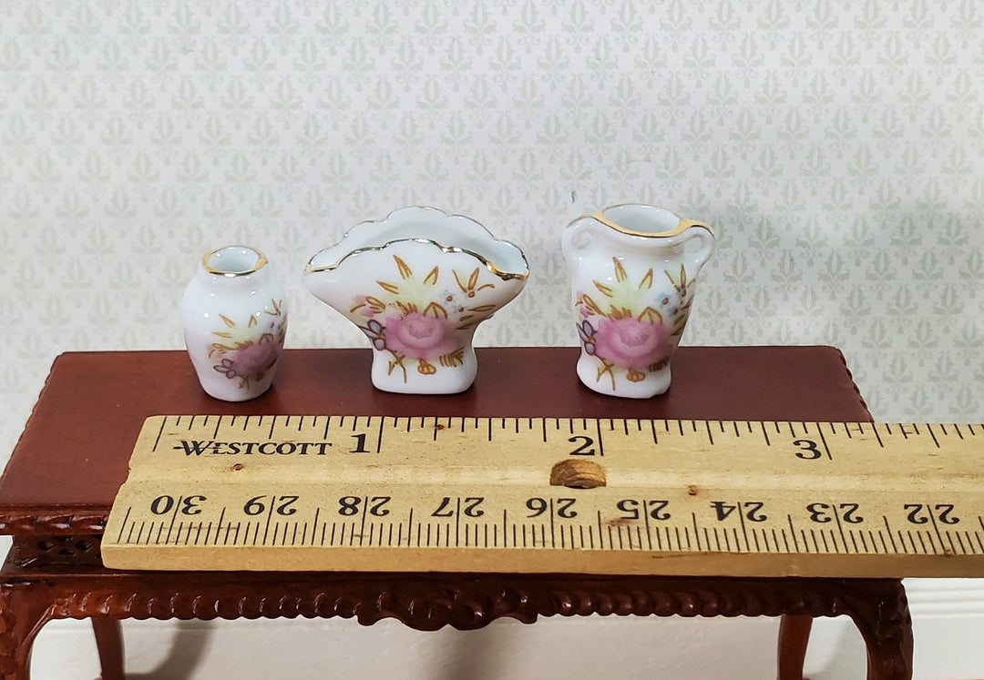 Miniature Vases Ceramic White Pink Floral Set of 3 1:12 Scale Dollhouse Accessories - Miniature Crush