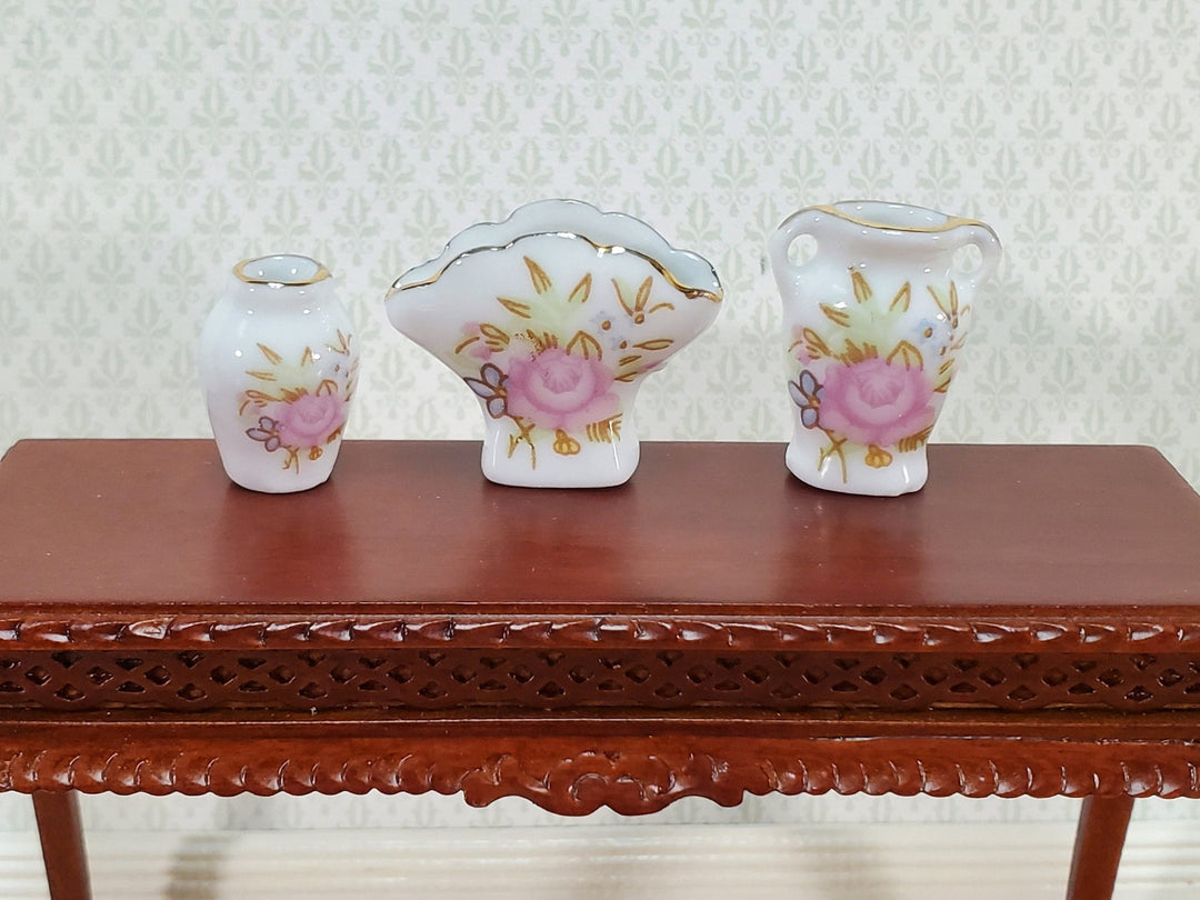 Miniature Vases Ceramic White Pink Floral Set of 3 1:12 Scale Dollhouse Accessories - Miniature Crush