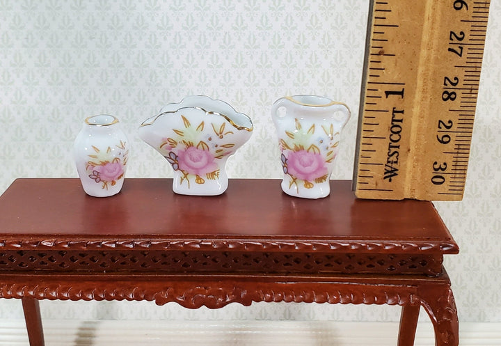 Miniature Vases Ceramic White Pink Floral Set of 3 1:12 Scale Dollhouse Accessories - Miniature Crush