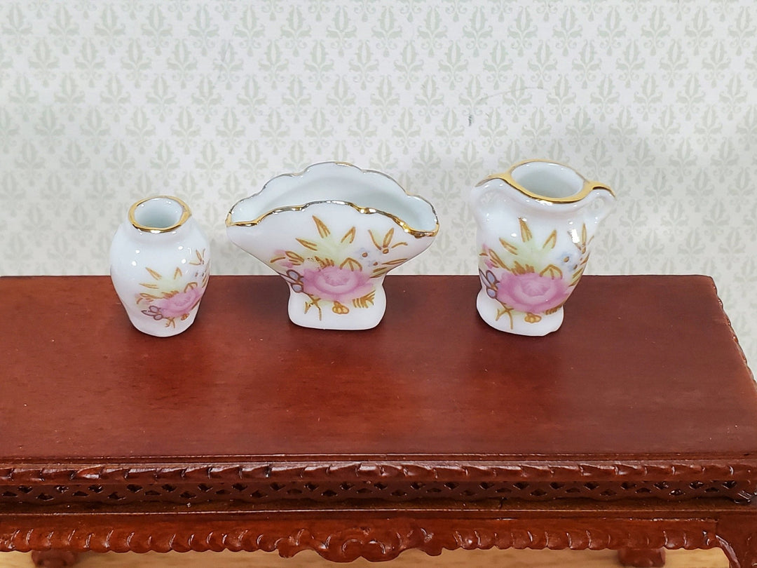 Miniature Vases Ceramic White Pink Floral Set of 3 1:12 Scale Dollhouse Accessories - Miniature Crush