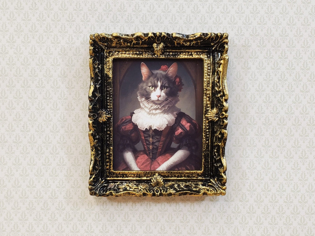 Miniature Victorian Cat Framed Print Gray White Fur 1:12 Scale Miniature Picture - Miniature Crush