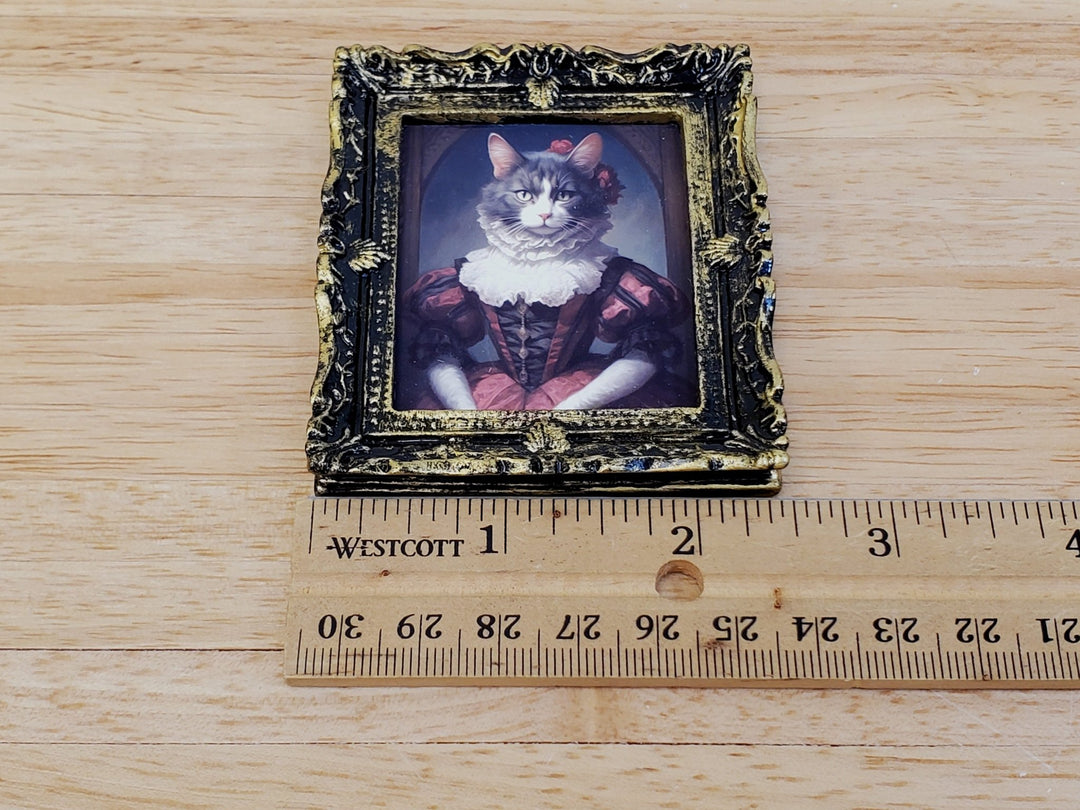 Miniature Victorian Cat Framed Print Gray White Fur 1:12 Scale Miniature Picture - Miniature Crush