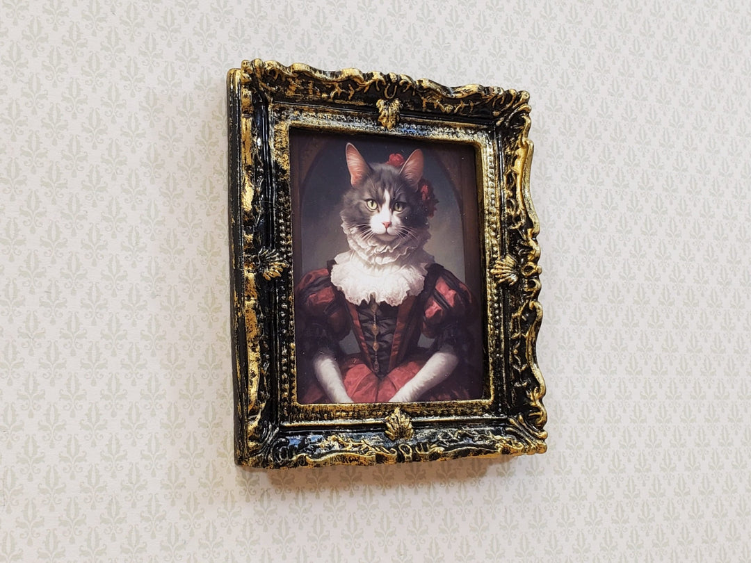 Miniature Victorian Cat Framed Print Gray White Fur 1:12 Scale Miniature Picture - Miniature Crush