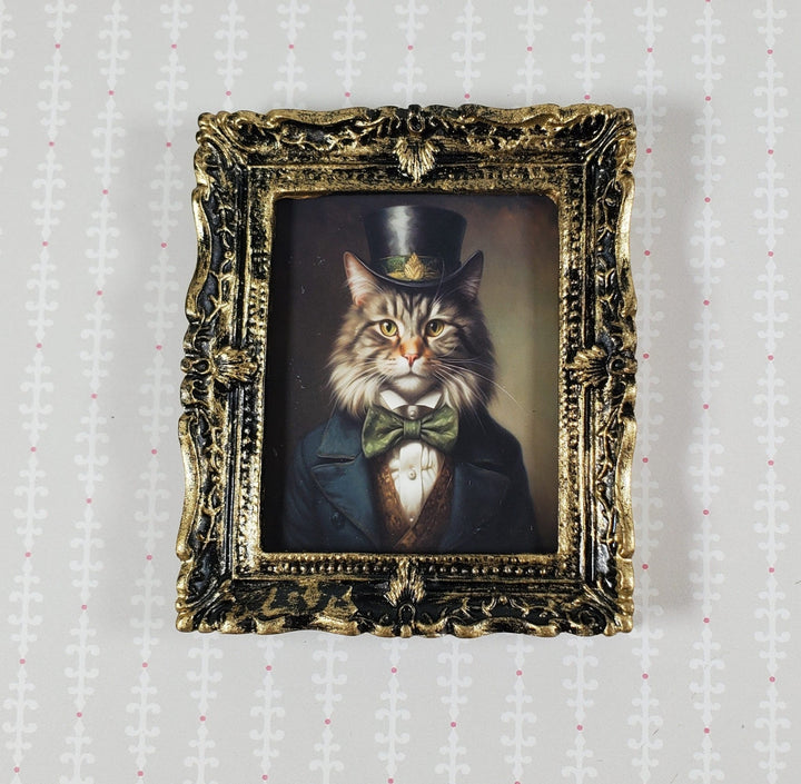 Miniature Victorian Cat Male Framed Print Gray White Fur 1:12 Scale Picture - Miniature Crush