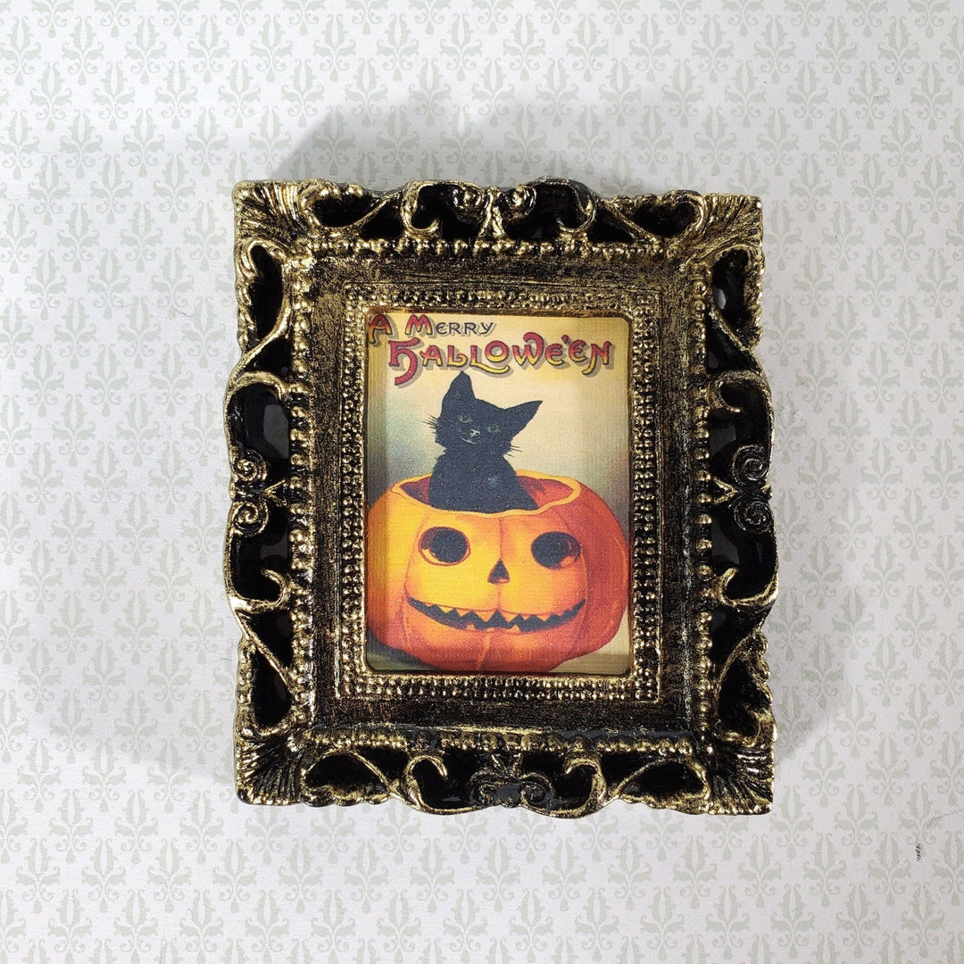 Miniature Vintage Black Cat in Pumpkin Halloween Framed Print 1:12 Scale Witch House - Miniature Crush