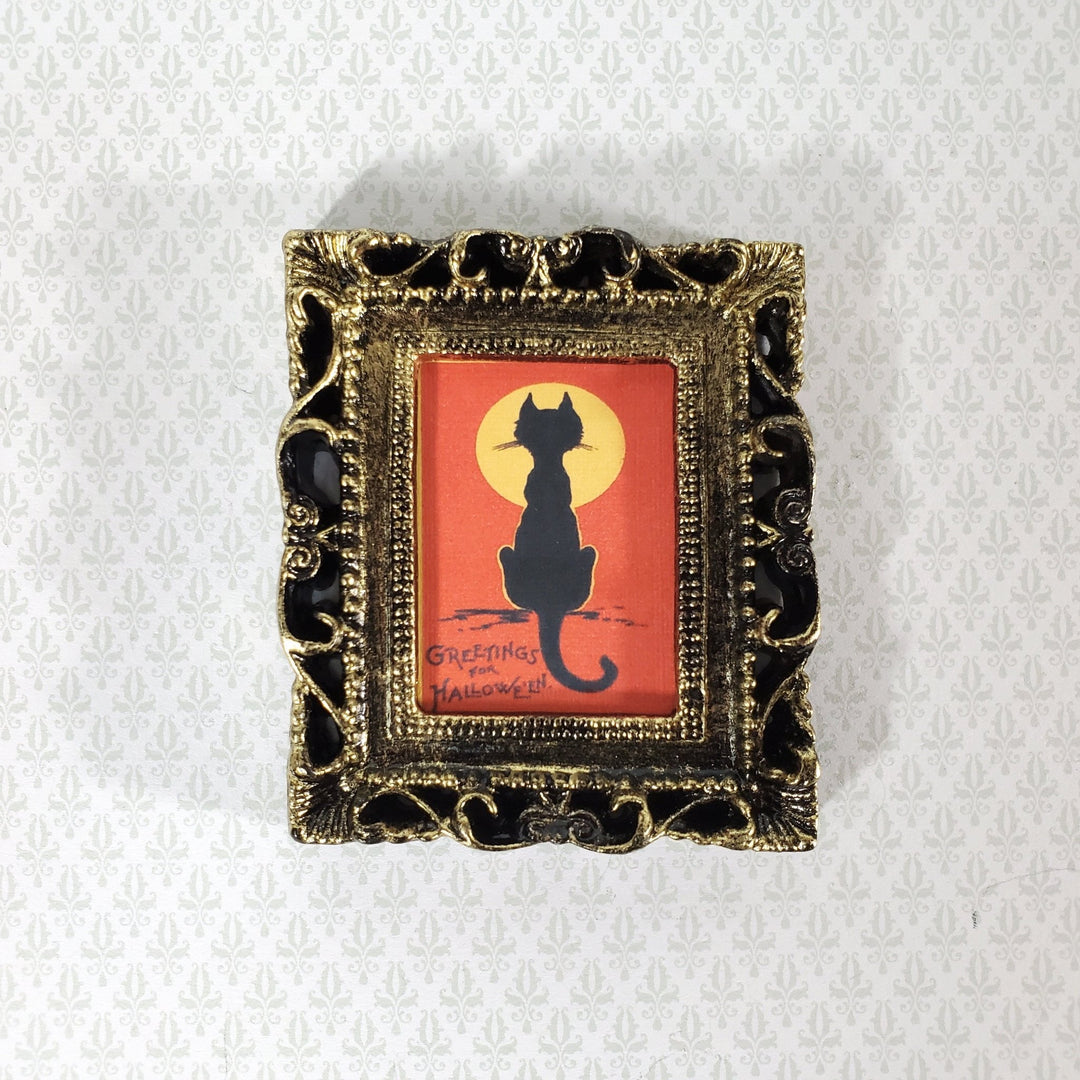 Miniature Vintage Black Cat with Moon Halloween Framed Print 1:12 Scale Witch House - Miniature Crush