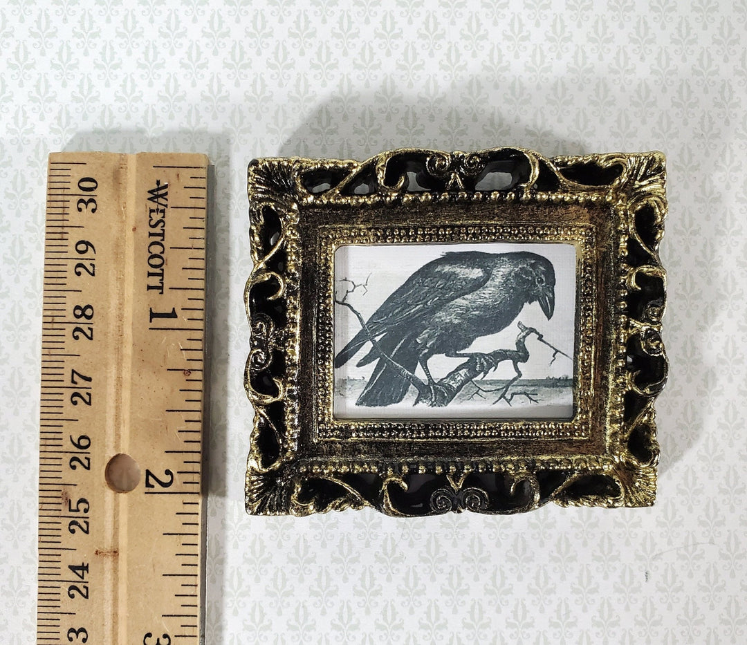 Miniature Vintage Raven Woodcut Framed Print 1:12 Scale Halloween Haunted House - Miniature Crush