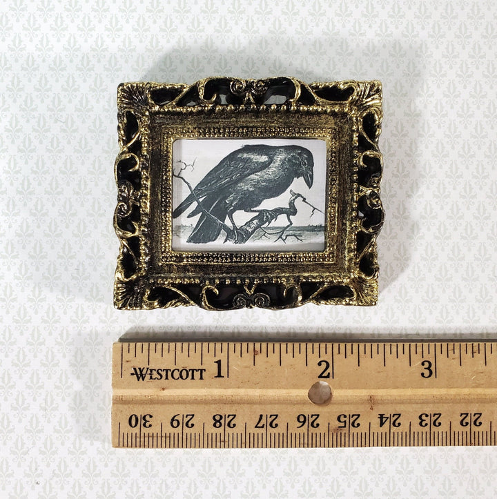 Miniature Vintage Raven Woodcut Framed Print 1:12 Scale Halloween Haunted House - Miniature Crush