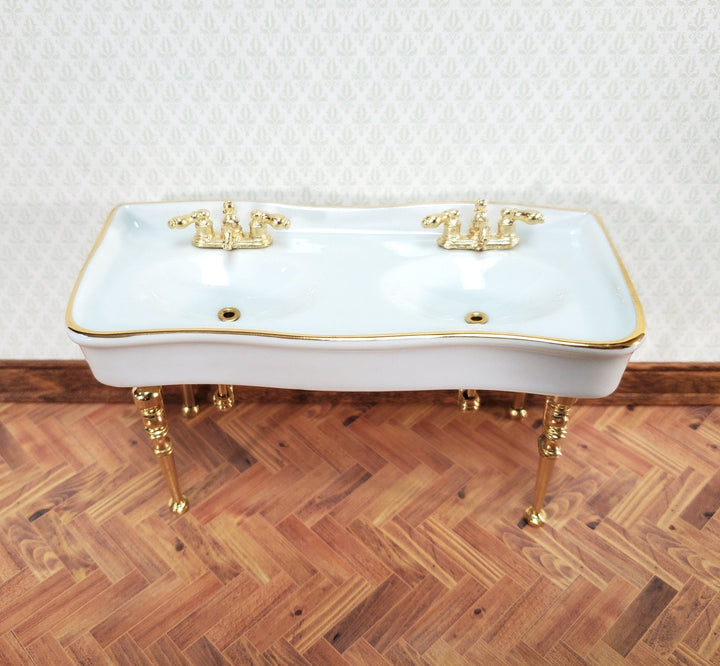 Reutter Porcelain Dollhouse Double Sink White Gold Bathroom 1:12 Scale Miniature - Miniature Crush