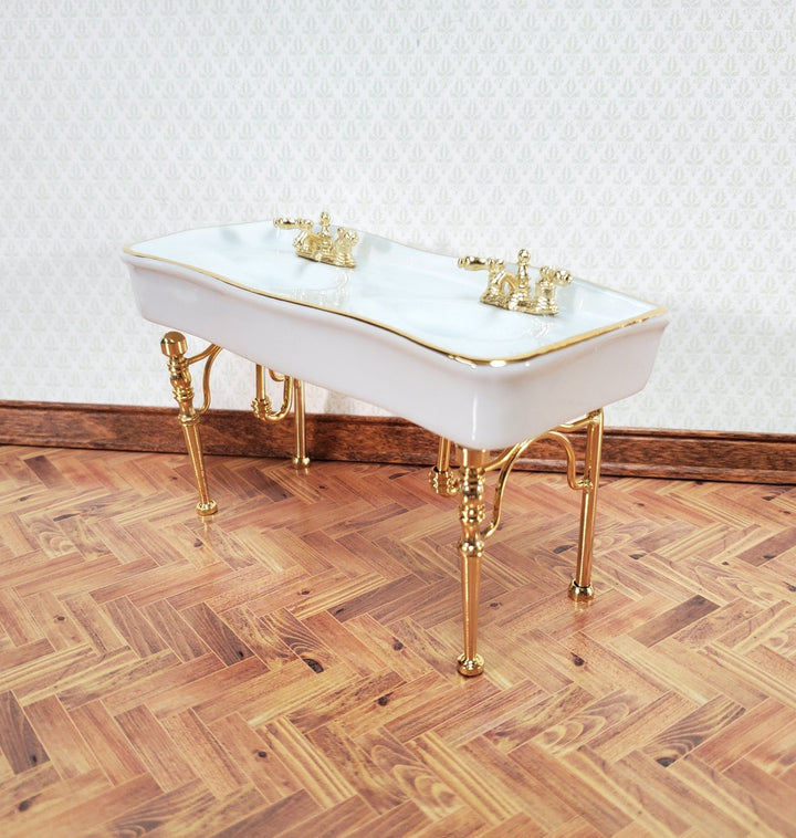 Reutter Porcelain Dollhouse Double Sink White Gold Bathroom 1:12 Scale Miniature - Miniature Crush