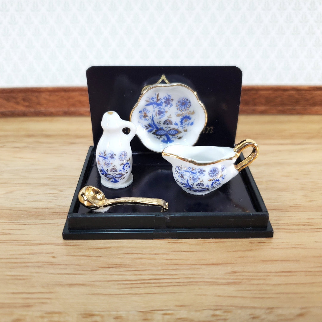 Reutter Porcelain Miniatures 4 Piece Serving Set 1:12 Scale Blue White Gravy Boat Tray - Miniature Crush