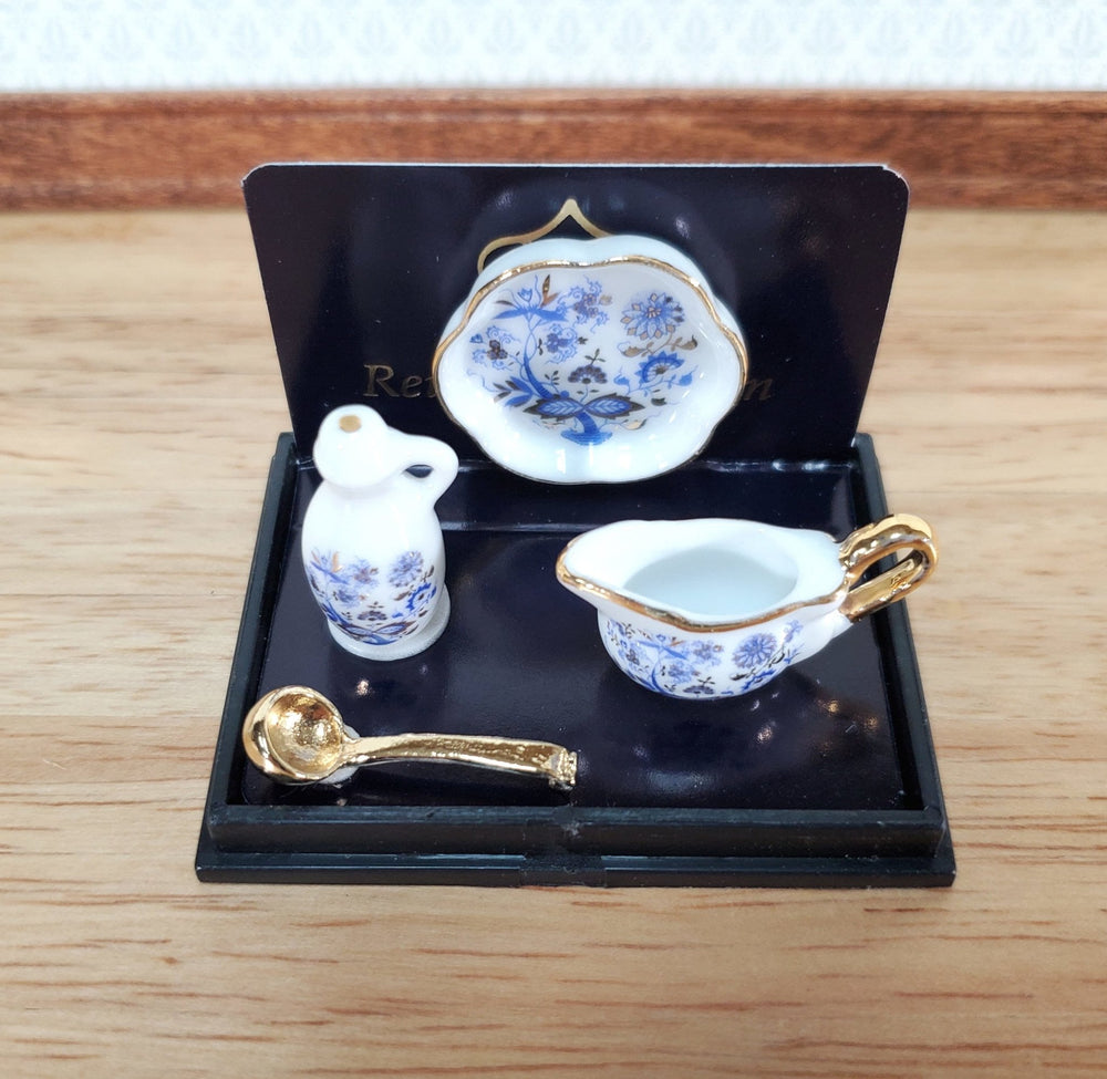 Reutter Porcelain Miniatures 4 Piece Serving Set 1:12 Scale Blue White Gravy Boat Tray - Miniature Crush