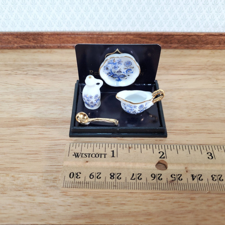 Reutter Porcelain Miniatures 4 Piece Serving Set 1:12 Scale Blue White Gravy Boat Tray - Miniature Crush