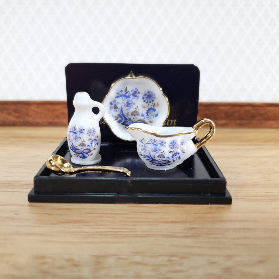 Reutter Porcelain Miniatures 4 Piece Serving Set 1:12 Scale Blue White Gravy Boat Tray - Miniature Crush